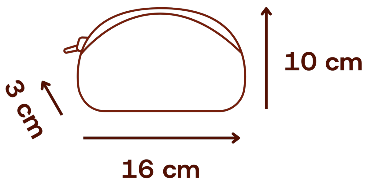 Schema con le misure della beauty bag urban: 16 × 10 × 3 cm